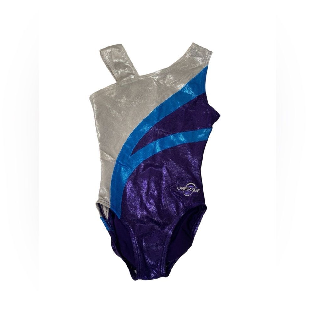 Obersee Girls Metallic Gymnastics Leotard Purple Blue Silver One Shoulder CM